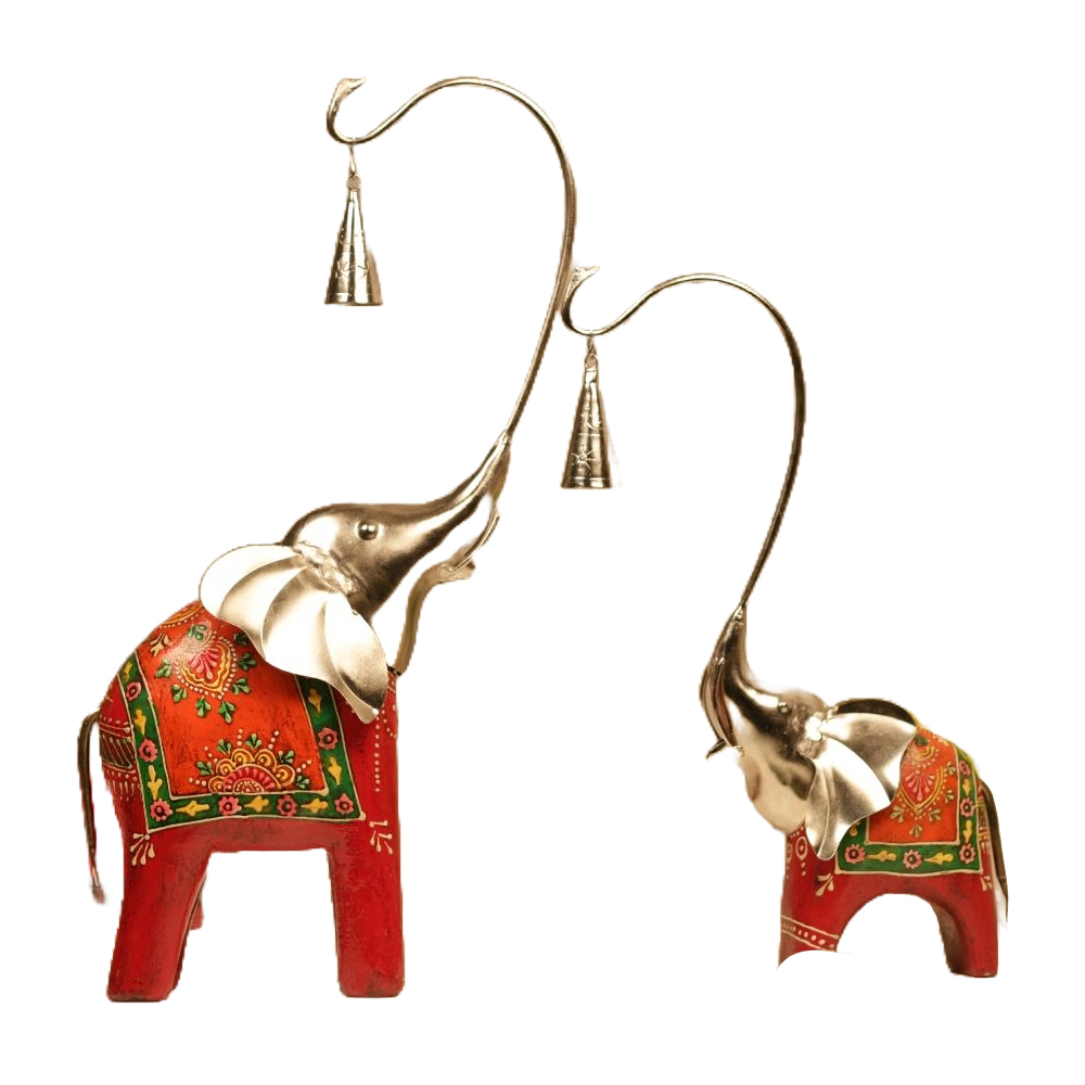 Orange And Golden Wooden Iron Elephant Bell Pair For Interior Decor